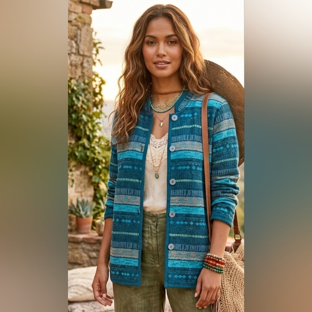 Womens Quilted Jacket Plus Sz 1X Boho Button-Up Blue Boho Cottagecore